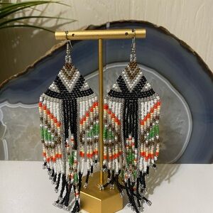 Elegant Beaded Earrings with Black, White, and Green Accents